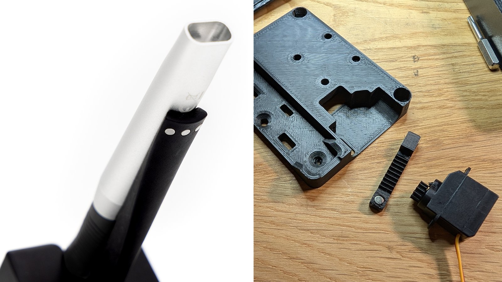 The stand on the left and the pinion and rack mechanism on the right