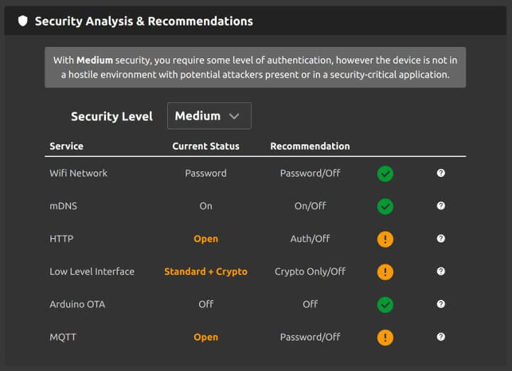 Security Recommendation panel in the Web Interface