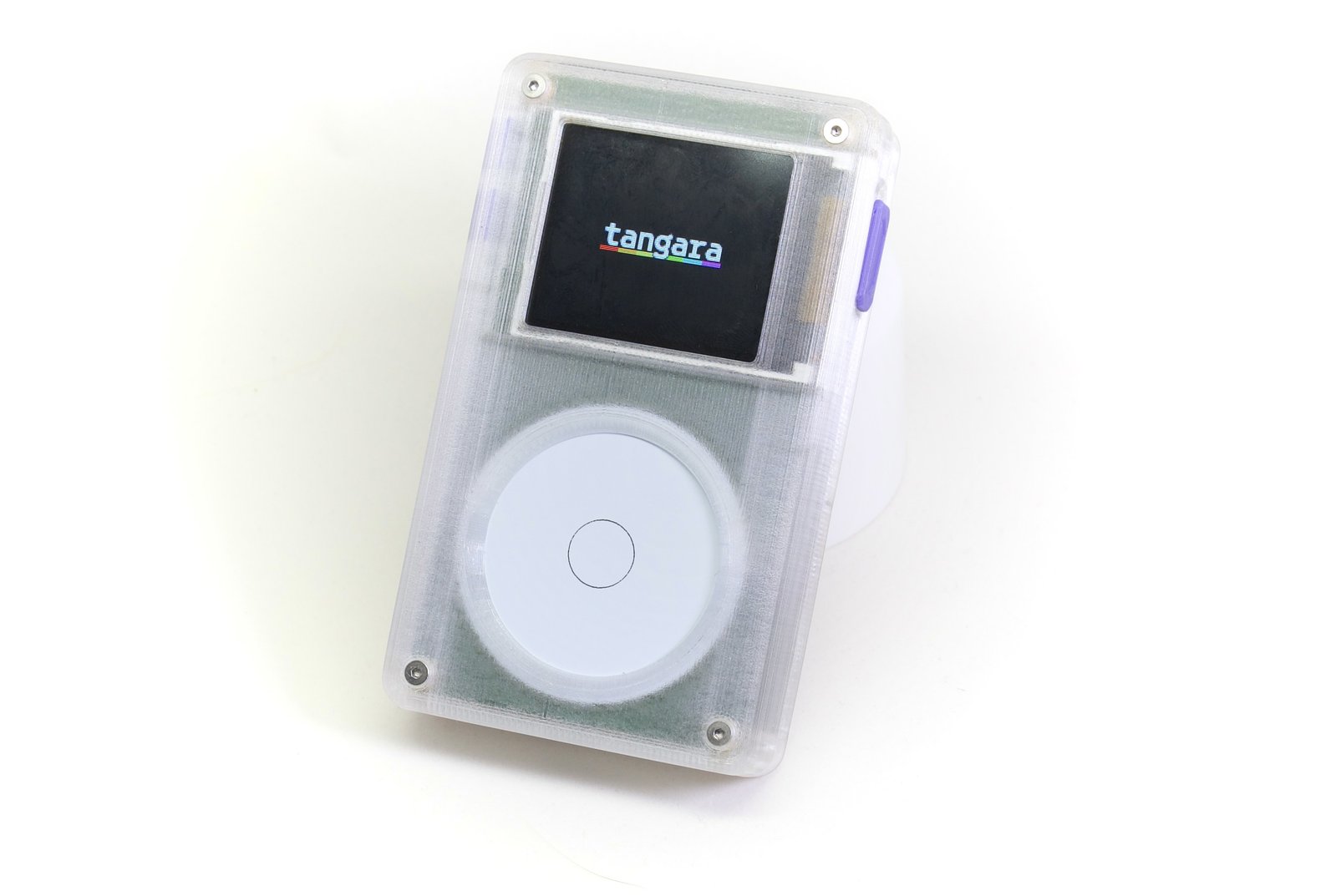 A Tangara, in a 3D-printed translucent case with purple features and a white touchwheel. It's showing the Tangara logo as it boots up (logotype with a rainbow underline).