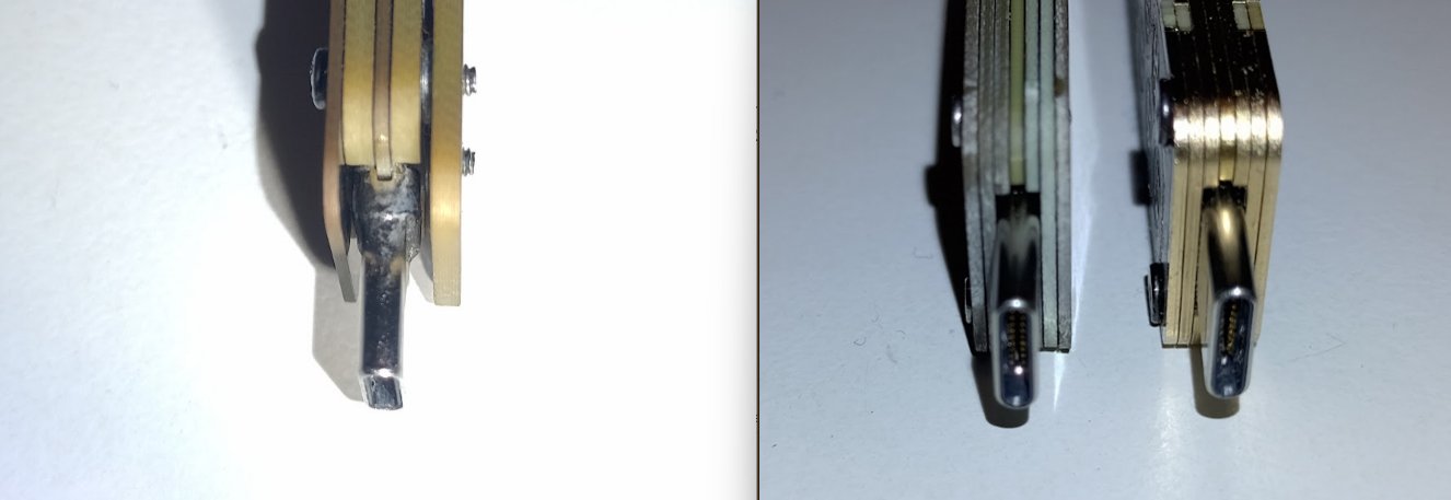 A comparison image showing the USB-C connector fit. Left: The older five-layer prototype showing large gaps. Right: The Beta/Gamma seven-layer version showing a tight, precision fit. 