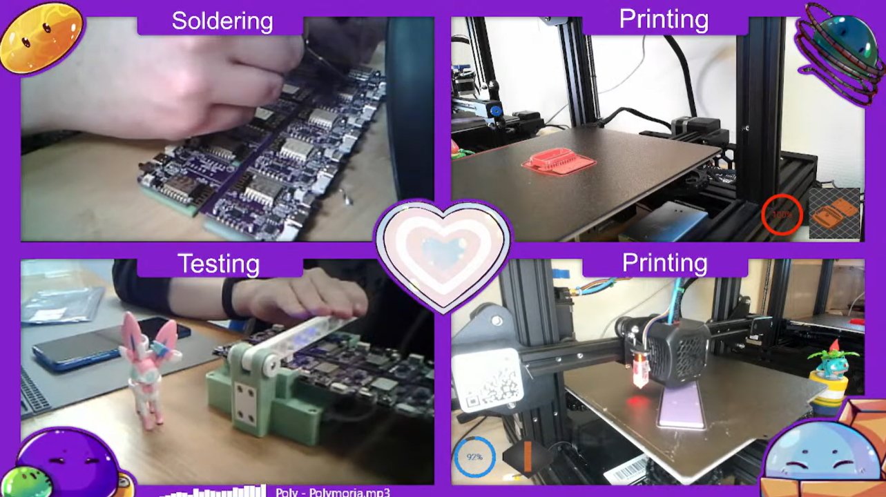 Screencap of our stream showing soldering and testing process, and our printers making some prototypes and tools