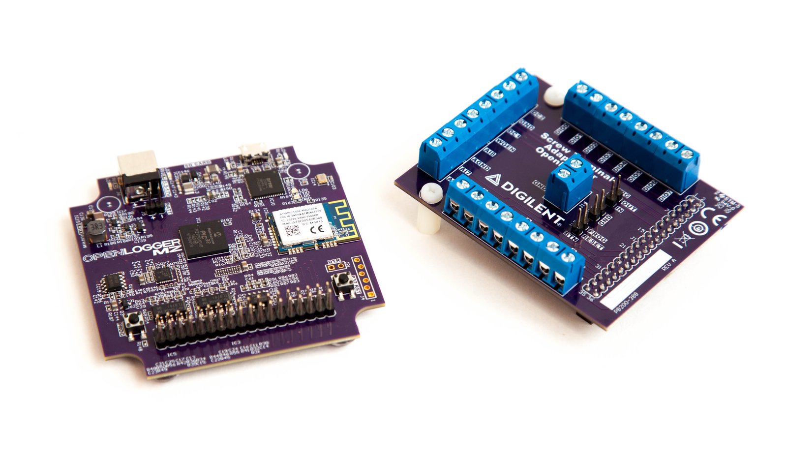 OpenLogger main board (left) and Screw Terminal Adapter (right)