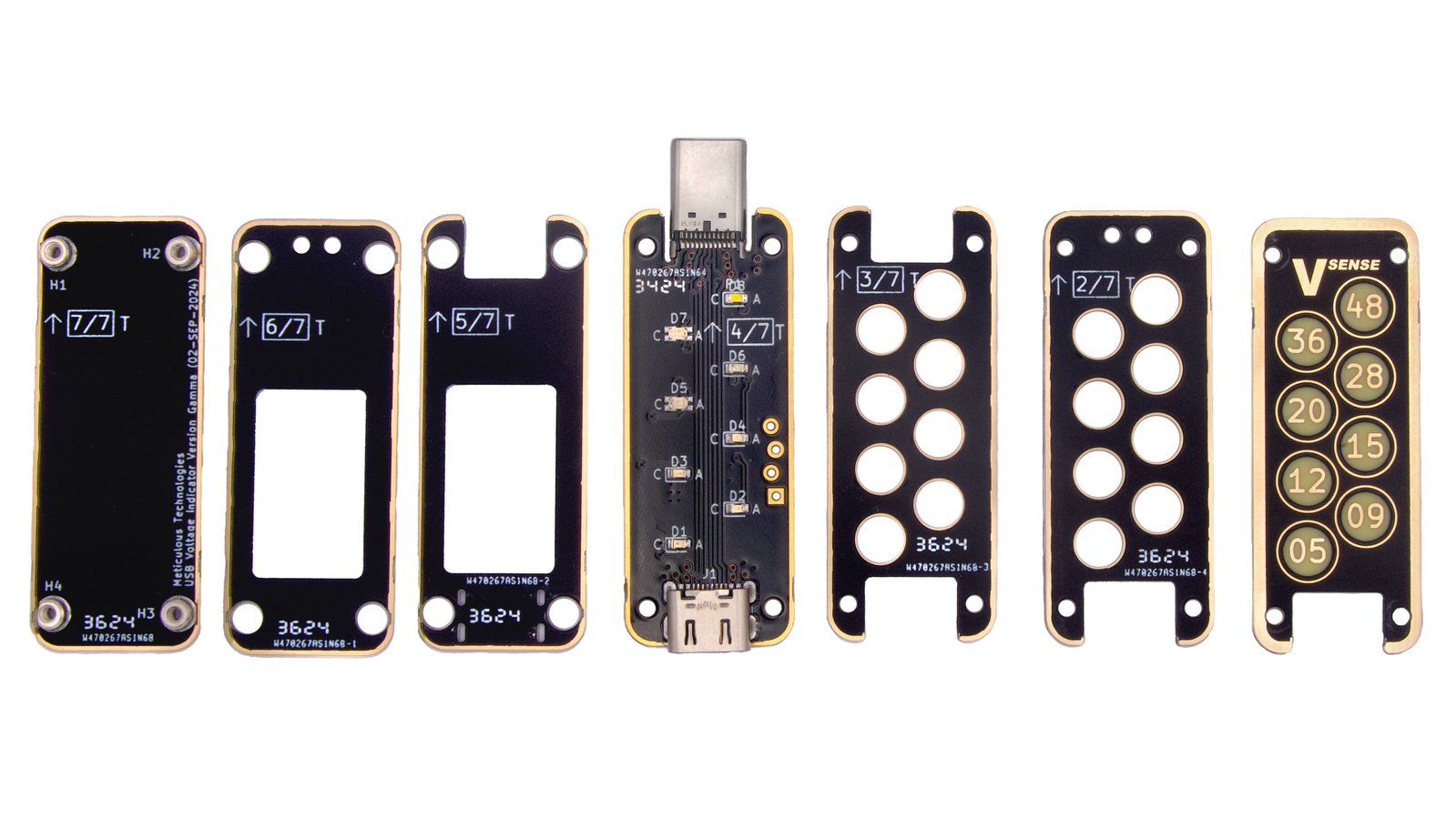 An image showing all seven individual PCBs laid out side-by-side, demonstrating the separate layers before assembly.