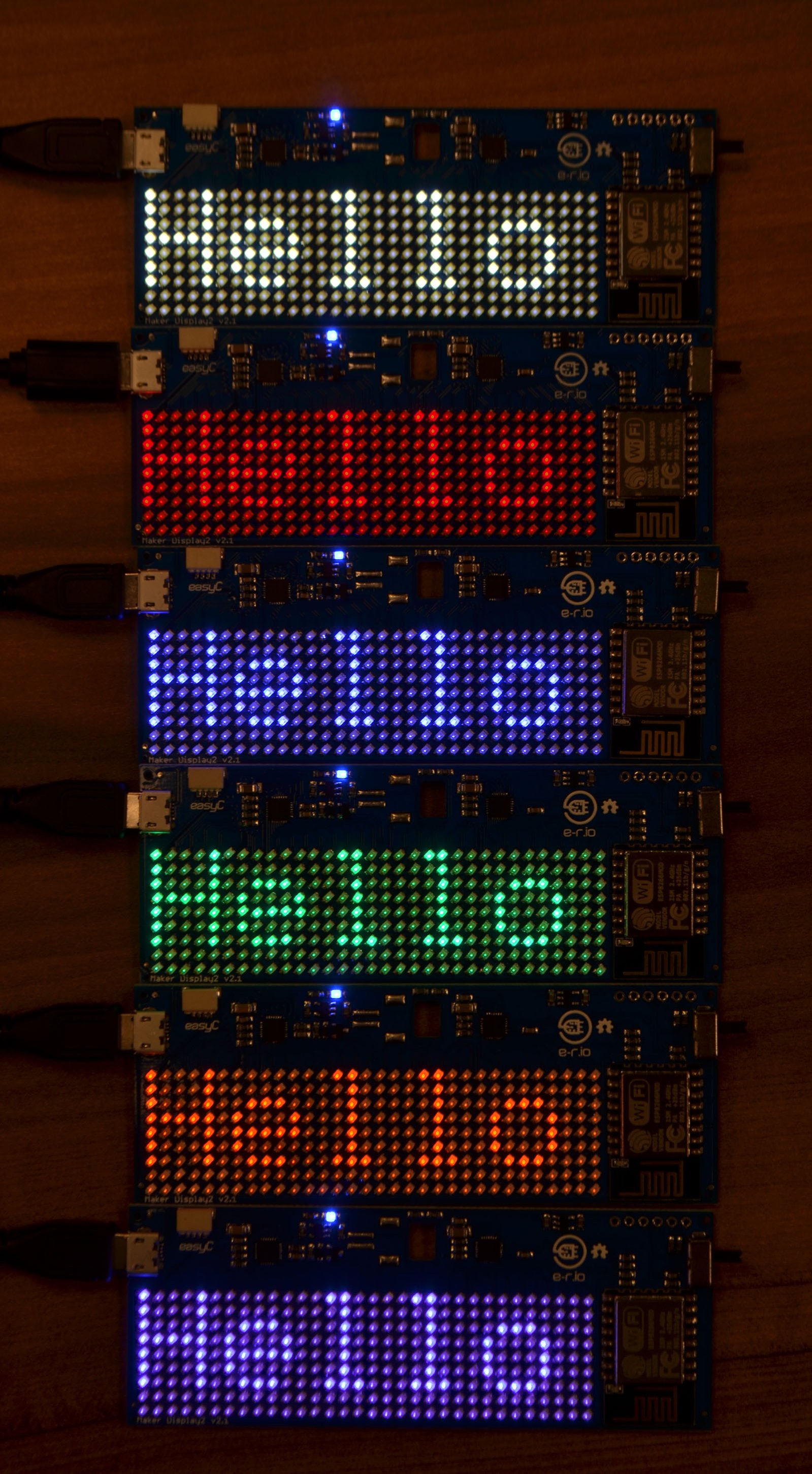 LED colors, from the top: white, red, blue, green, orange & purple