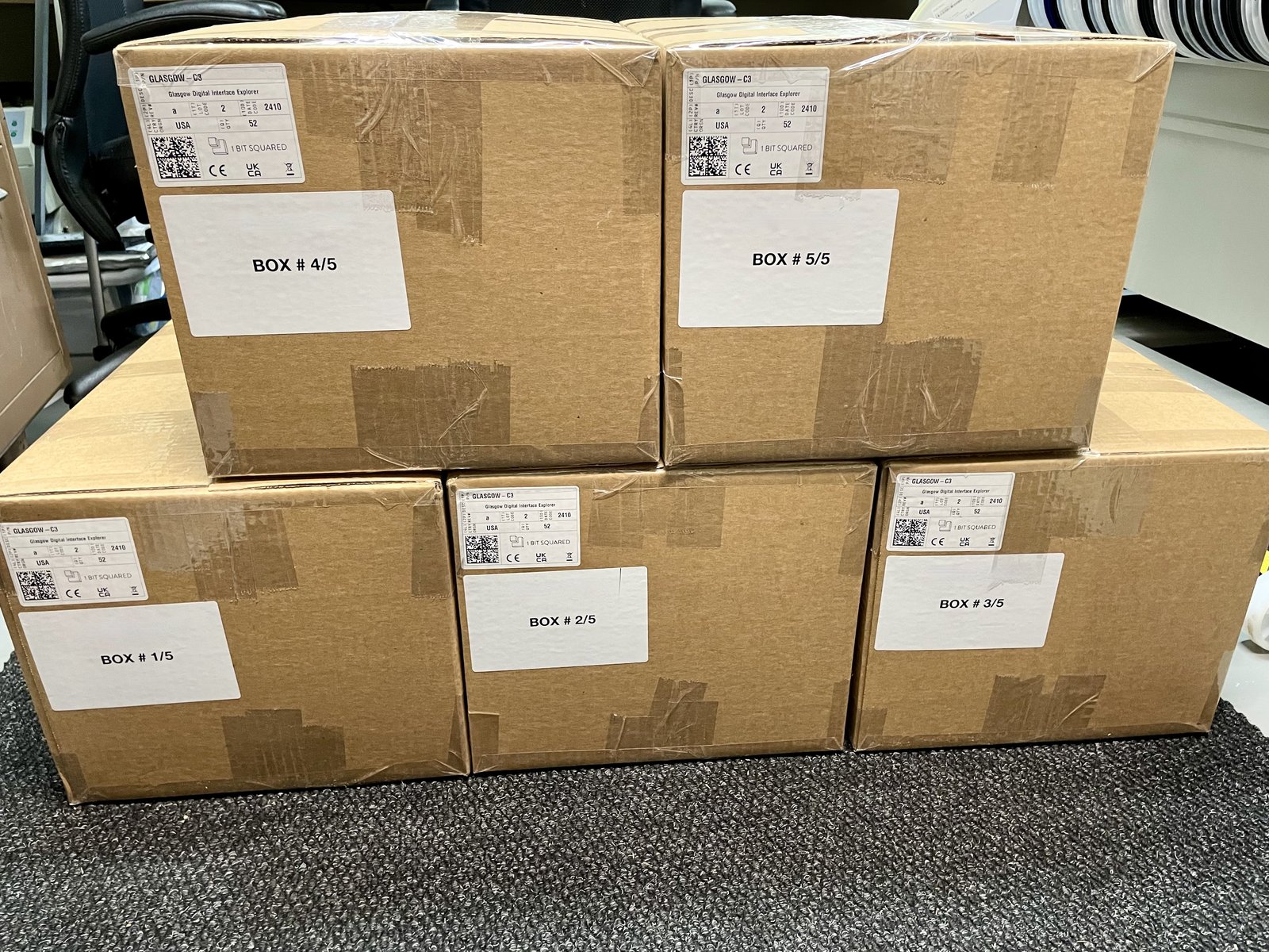 Boxes of 260 Glasgows ready to ship to Mouser for fulfillment