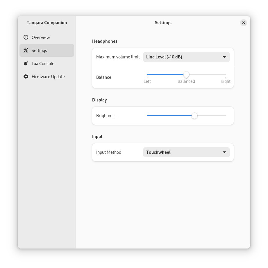 The settings page of Tangara Companion