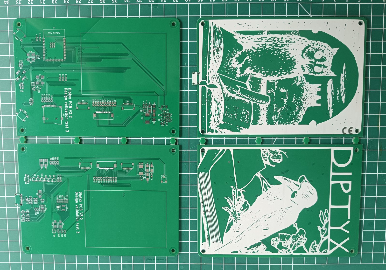 The front and back of the final prototype PCBs. These were produced in green for quicker turnaround, but the final PCBs will be white.
