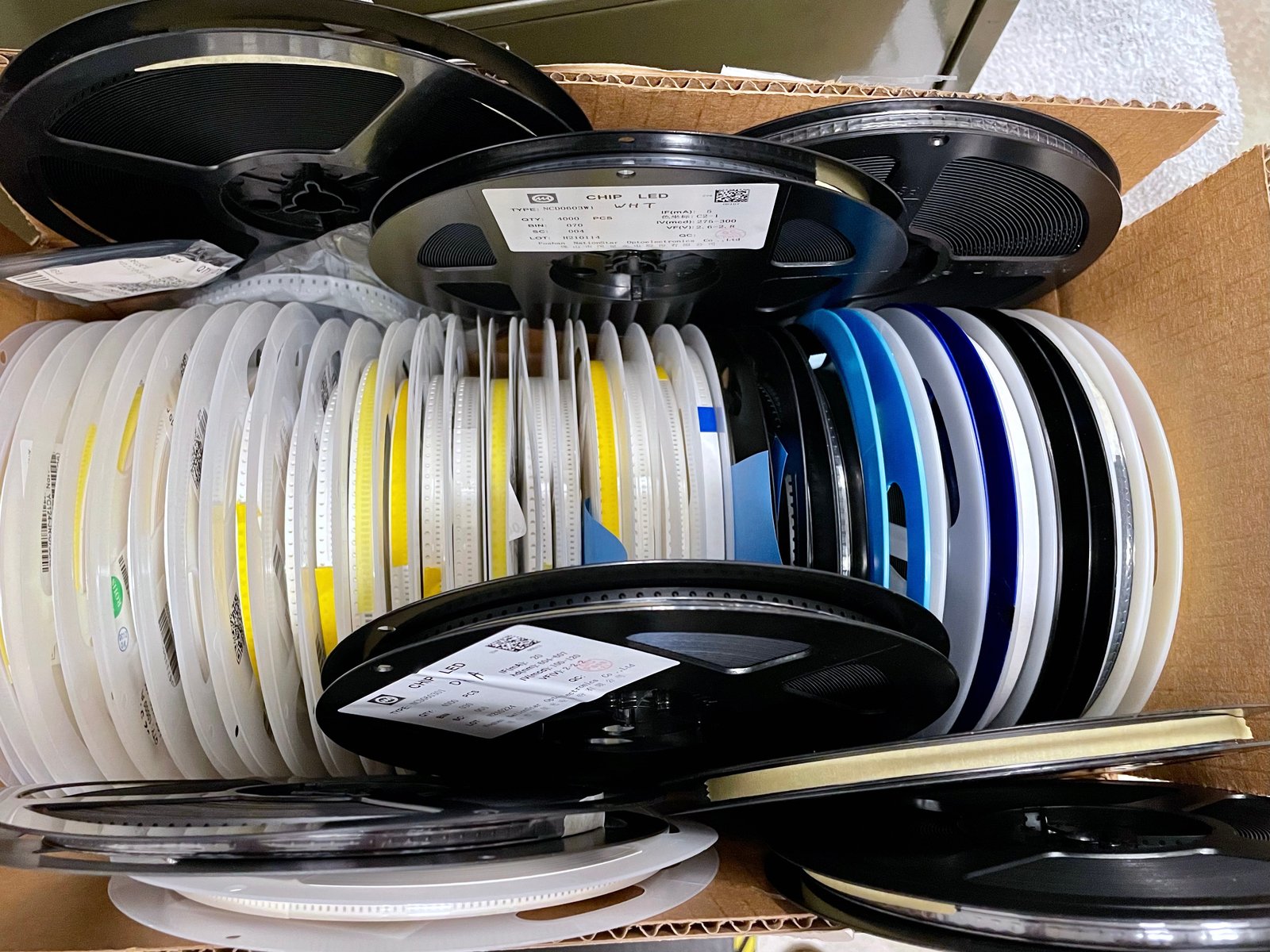 Boxes of Glasgow part reels, sorted out before setting up the PnP machine