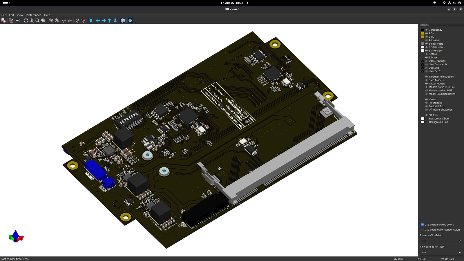 MNT Reform Next motherboard revision D-4 in KiCAD 3D viewer, front side