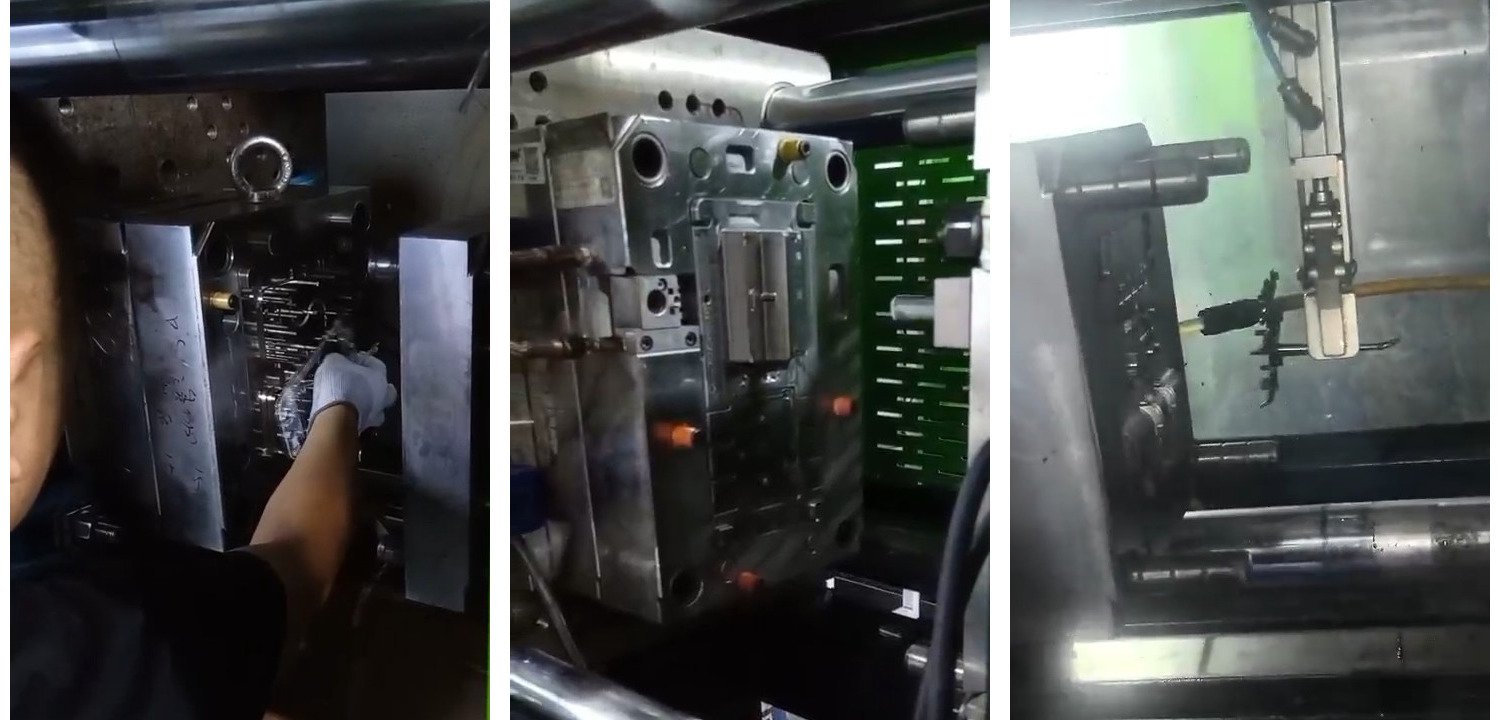 From left to right: a Handheld shell being ejected after molding, the Dock mold right before an injection, and a set of buttons being removed after molding