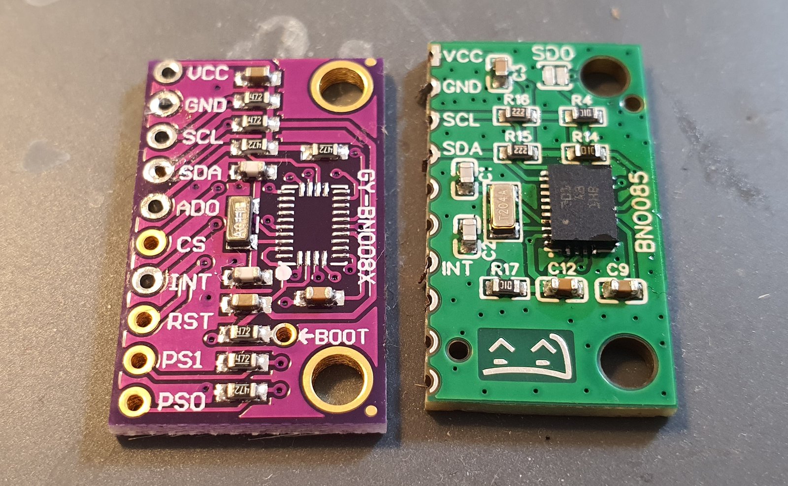 BNO085 module from AliExpress (that donated the chip for testing purposes) on the left and BNO085 prototype module for SlimeVR (that is badly hand soldered).