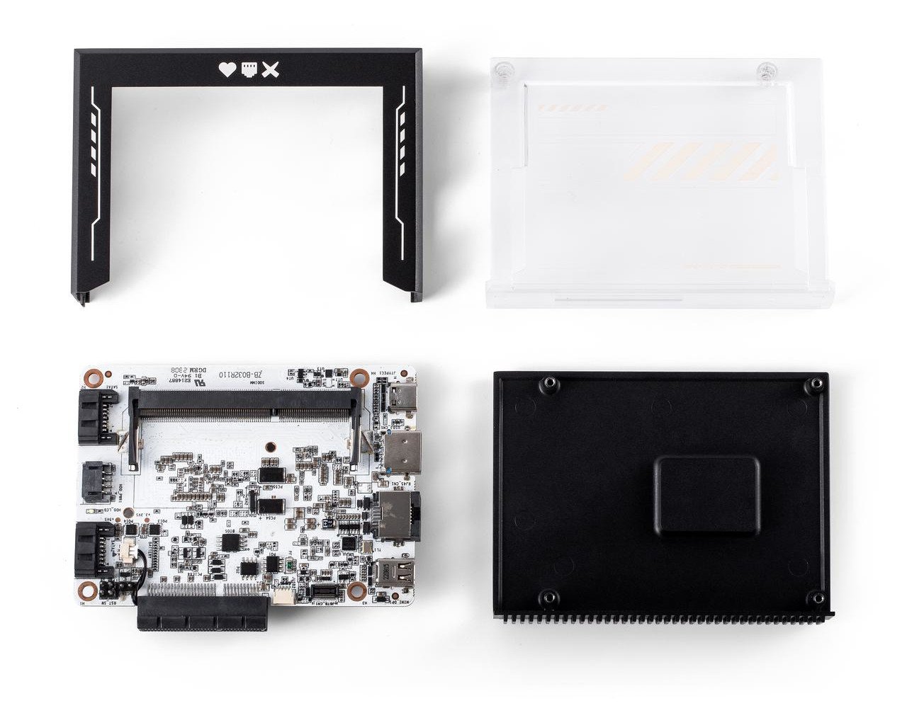 Clockwise from upper left: injection-molded opaque polycarbonate frame, injection-molded transparent polycarbonate top shell, machined aluminum allow bottom plate and heatsink, and ZimaBlade mainboard