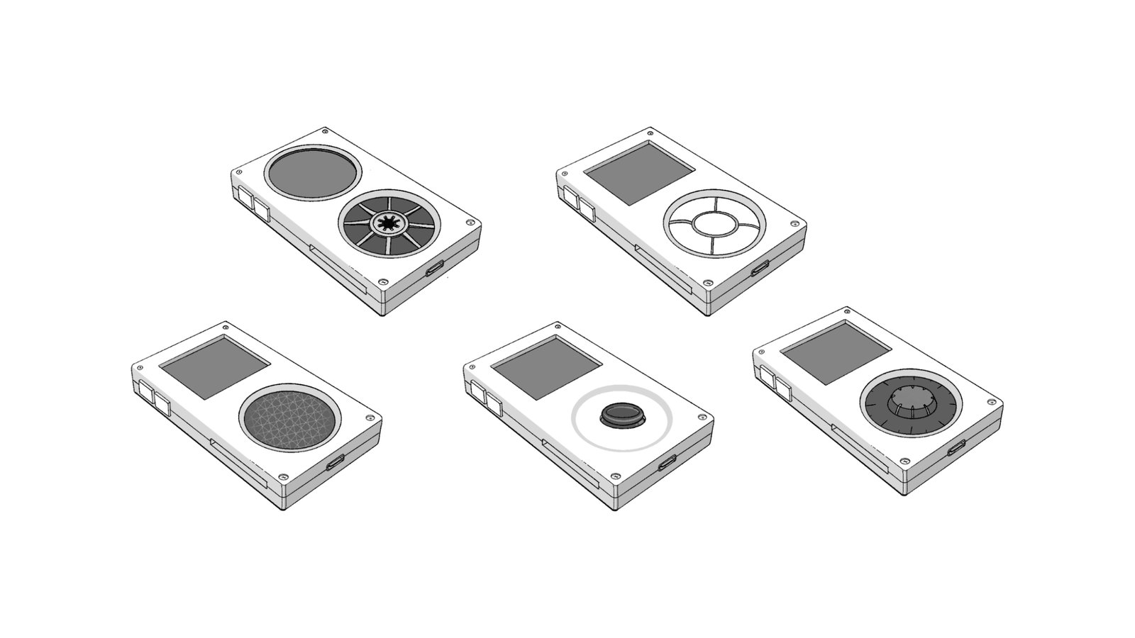Five different concept sketches of various input hardware ideas. A cassette-inspired reel, directional buttons around a middle button, a circular trackpad, an analog joystick, and a rotary encoder