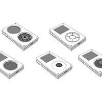 Five different concept sketches of various input hardware ideas. A cassette-inspired reel, directional buttons around a middle button, a circular trackpad, an analog joystick, and a rotary encoder