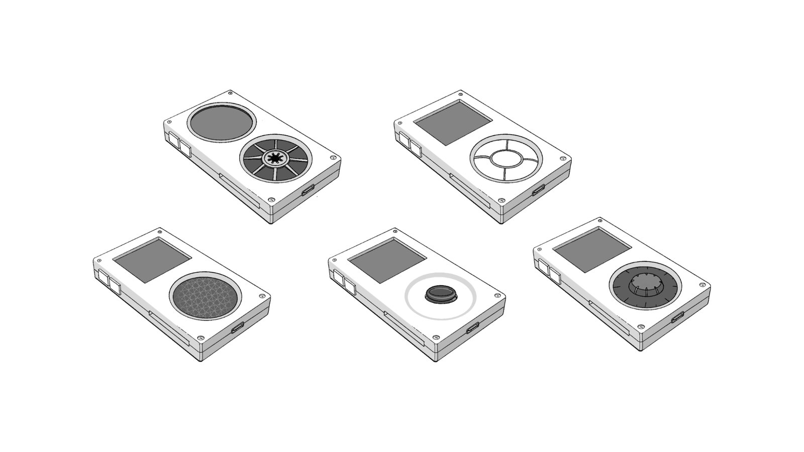 Five different concept sketches of various input hardware ideas. A cassette-inspired reel, directional buttons around a middle button, a circular trackpad, an analog joystick, and a rotary encoder