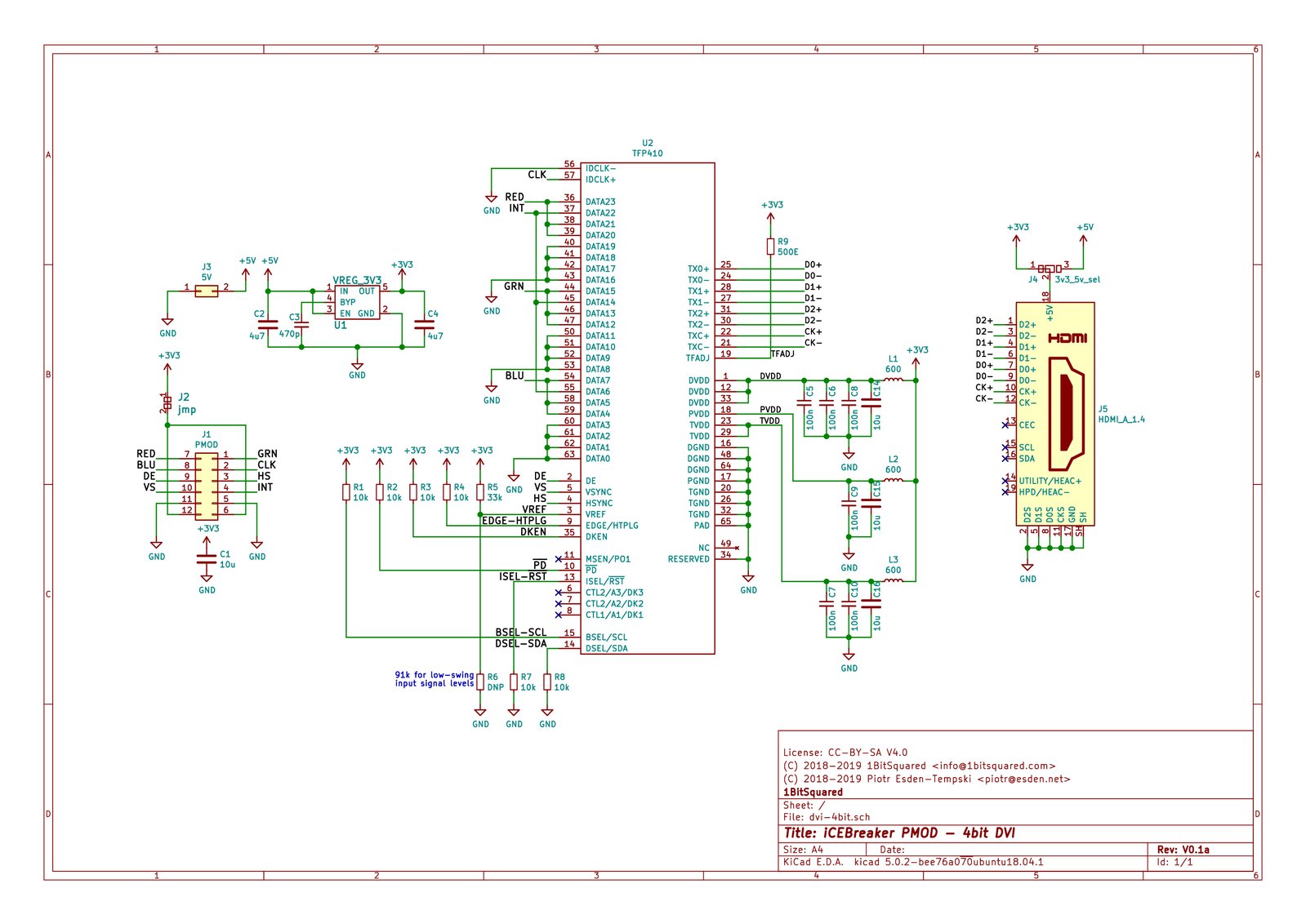Schematic for the single Pmod RGBI DVI adapter (click for pdf schematic)