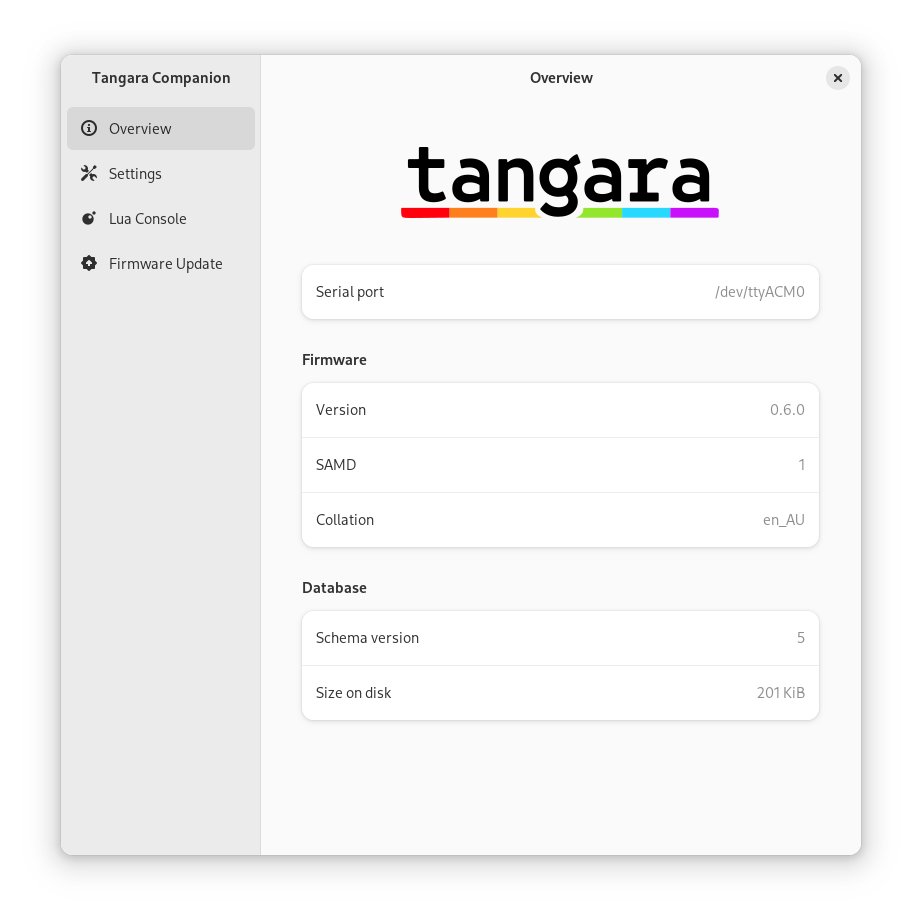 The overview screen of Tangara Companion