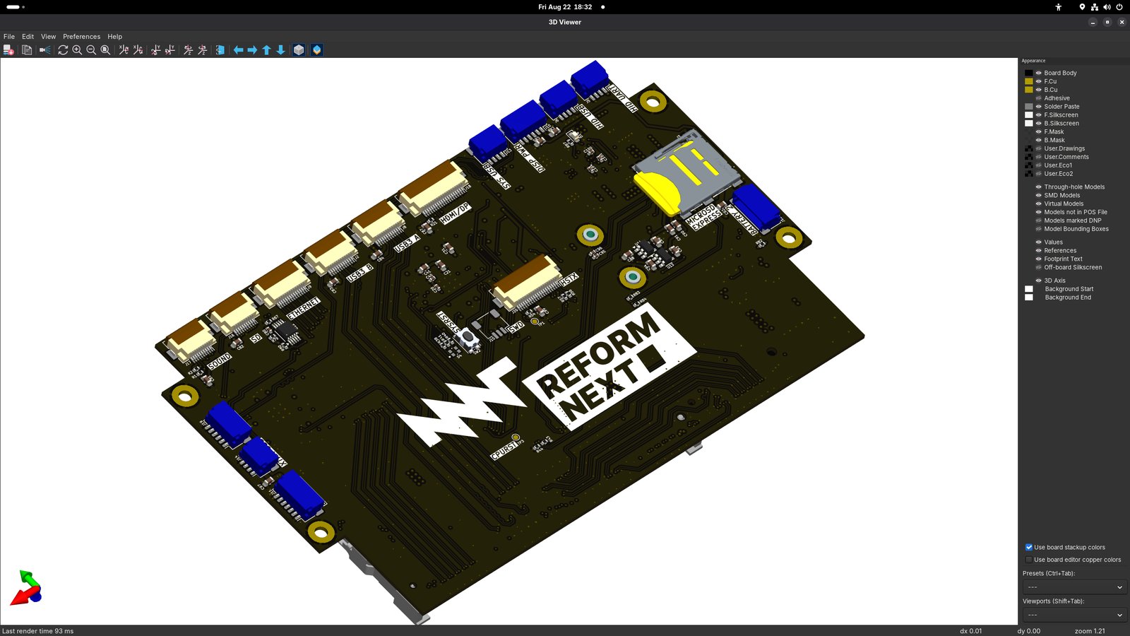 MNT Reform Next motherboard revision D-4 in KiCAD 3D viewer. now with a lot more high speed traces on the outside layers
