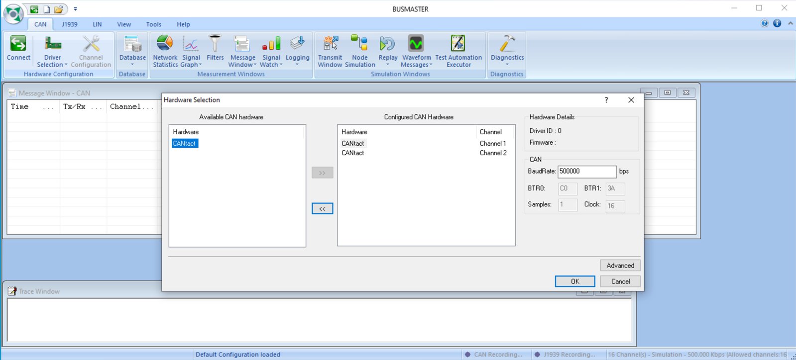 A screenshot of selecting CANtact in BUSMASTER.