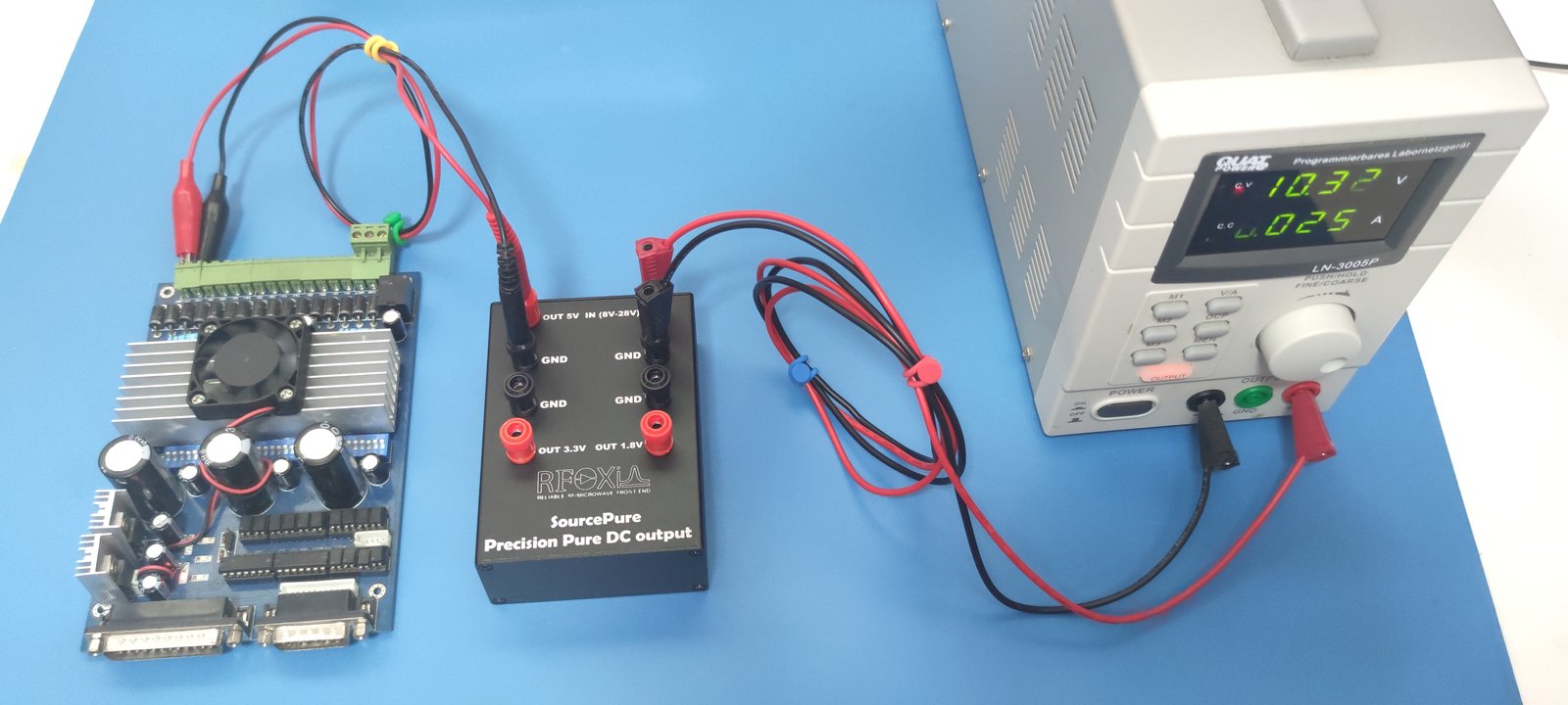 SourcePure SC drawing power from a benchtop power supply