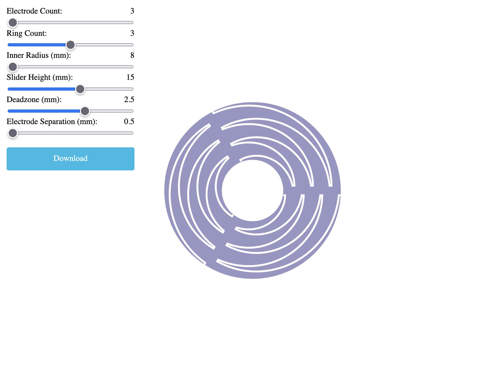 A screenshot of the SVG tool to create the interleaved electrode designs. Various parameters can be tweaked in a menu on the left. There is also a download button