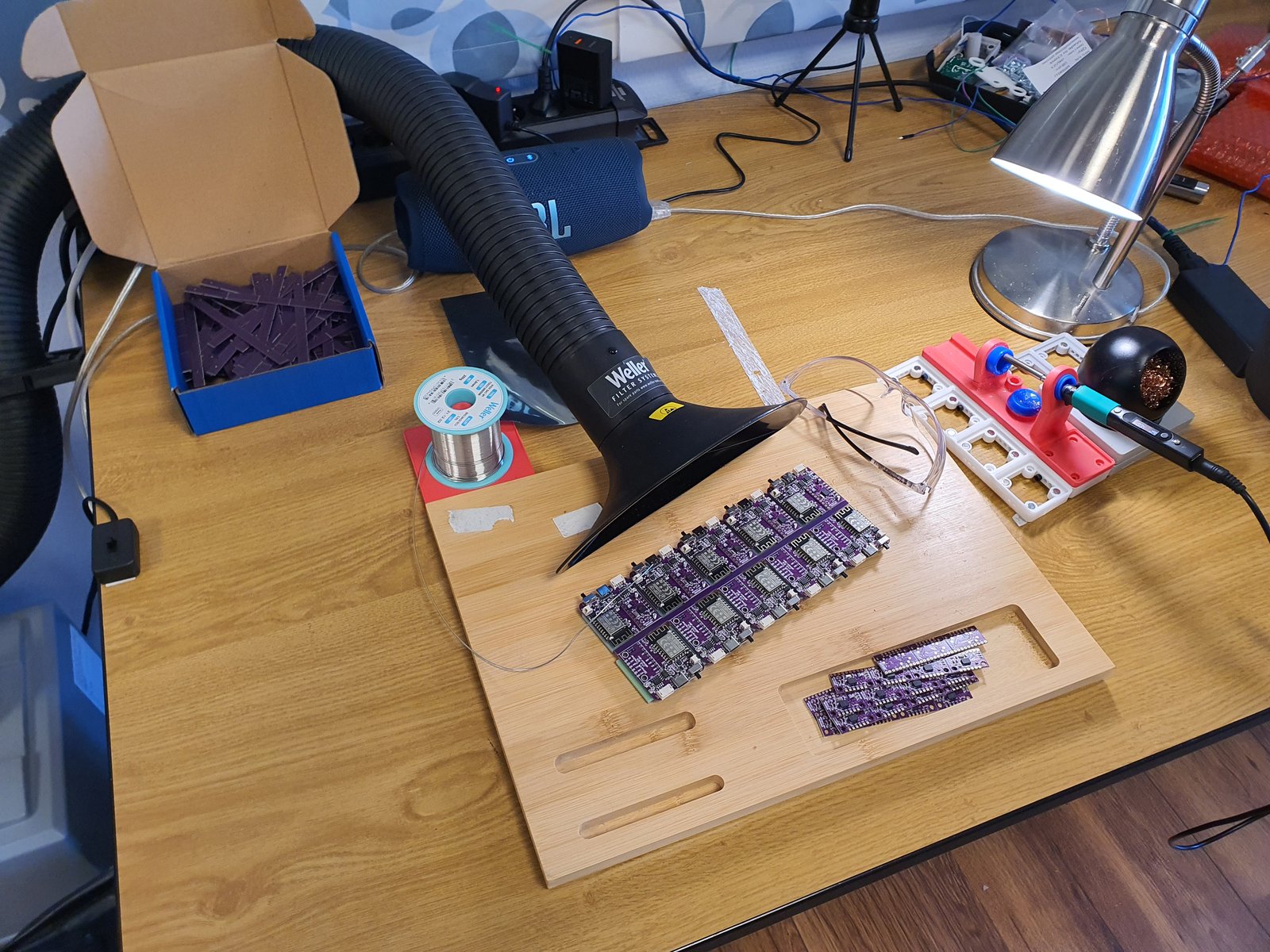 Assembly place for soldering IMU boards on Main and Extension panels. Safety first! Fume extractor and protective glasses are mandatory when soldering!