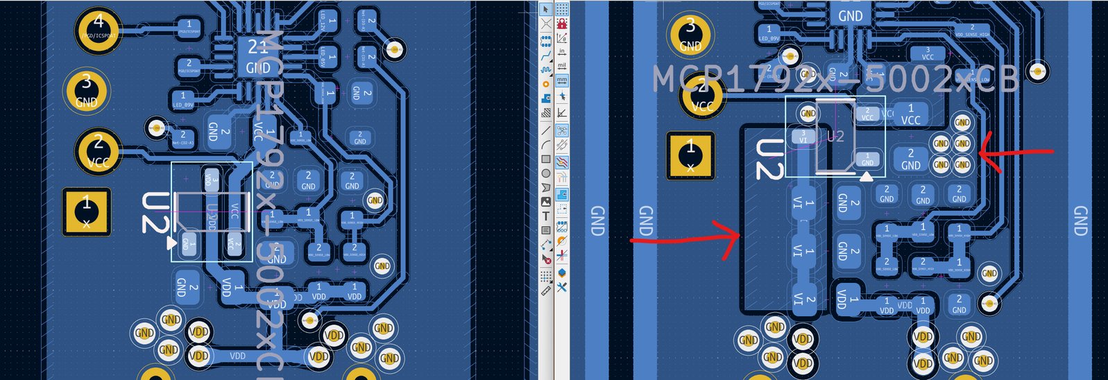 Side-by-side comparison of LDO layout in KiCAD. LEFT: Beta version. RIGHT: Gamma version highlighting the Thermal Copper Pours on every pin and the thermal via matrix adjacent to the GND pin