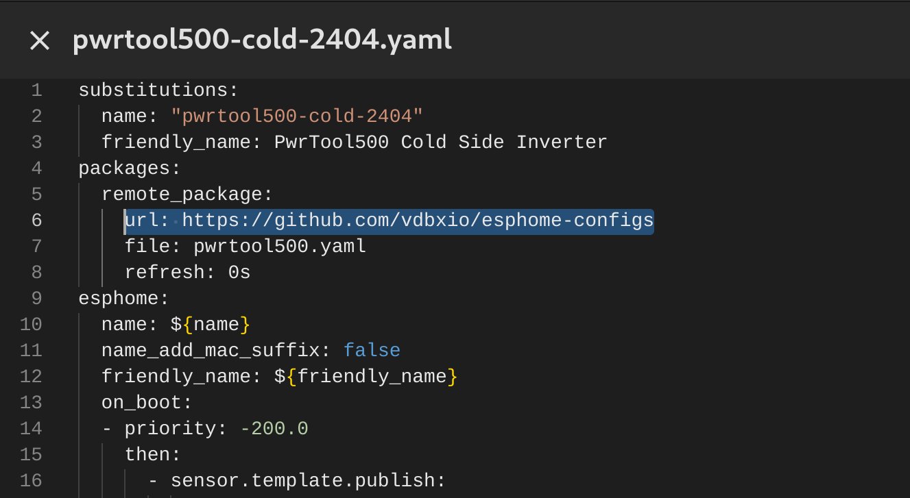 ESPHome base YAML highlighting the reference to our in-house configurations on Github