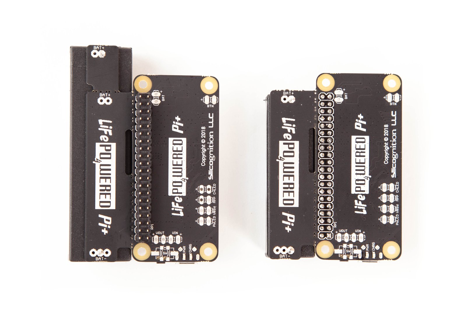 The LiFePO4wered/Pi+ comes in two variants: one for a 18650 battery size (left) and one for a 14500 battery size (right).
