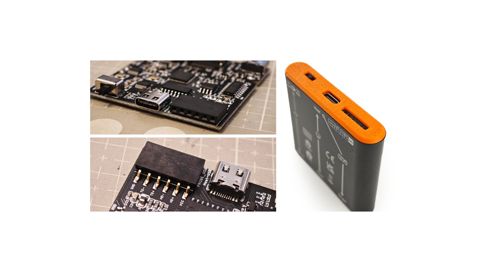 The VCC, GND, Target D+, Target D-, Host D+, and Host D- pins—where ‘D’ stands for USB data.