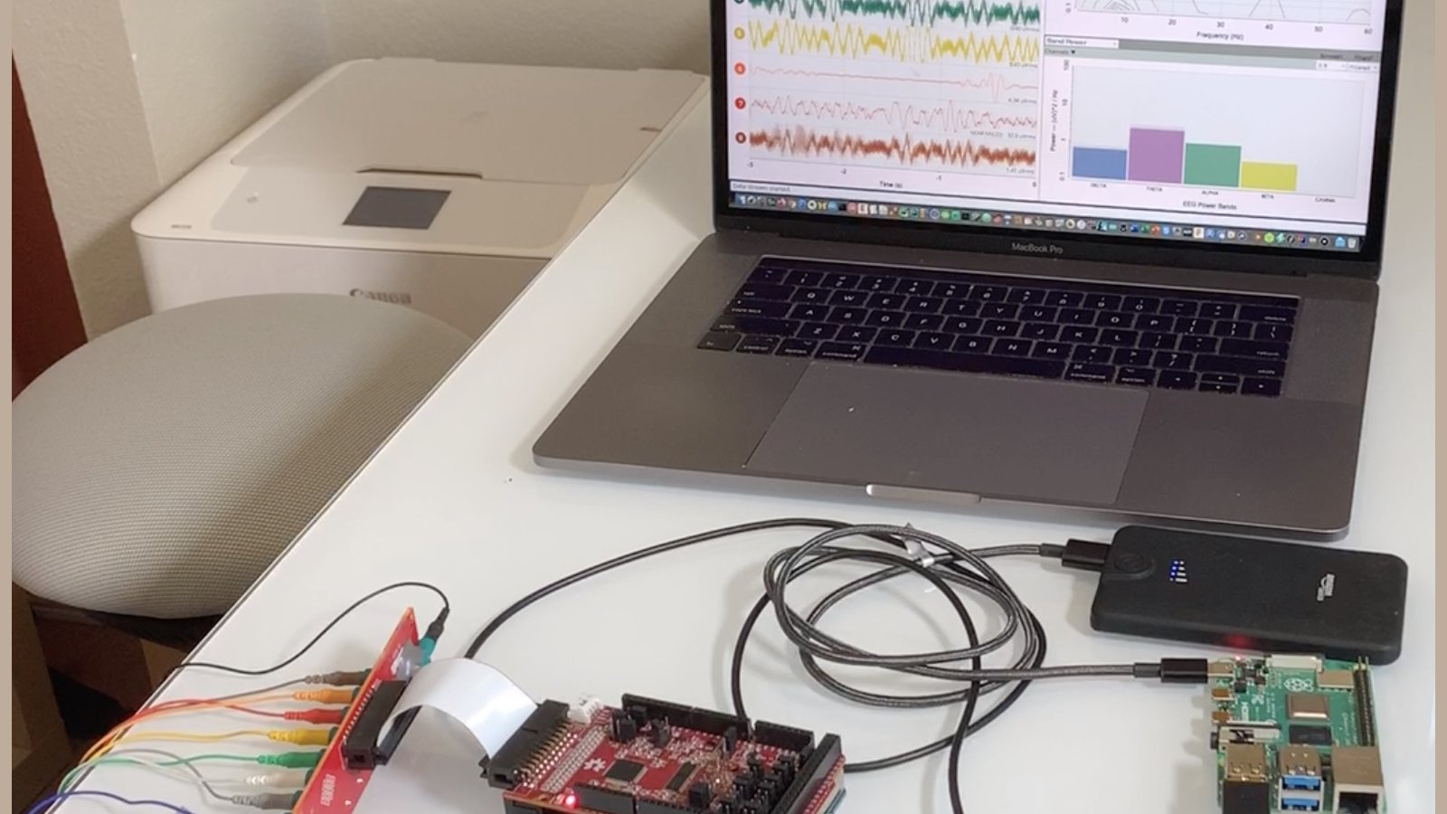 HackEEG connected to a Raspberry Pi 4 sending Lab Streaming Layer data over WiFi