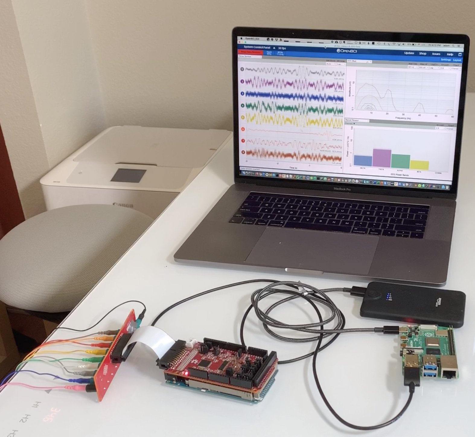 HackEEG connected to a Raspberry Pi 4 sending Lab Streaming Layer data over WiFi