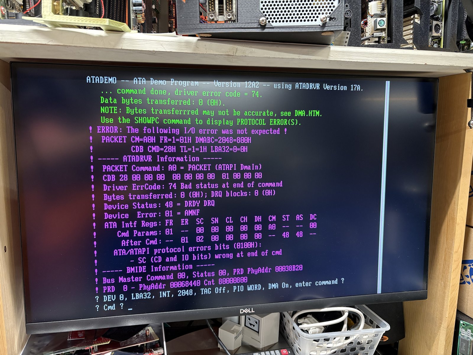 Photo of my screen showing a large detailed error message from the ATADEMO program