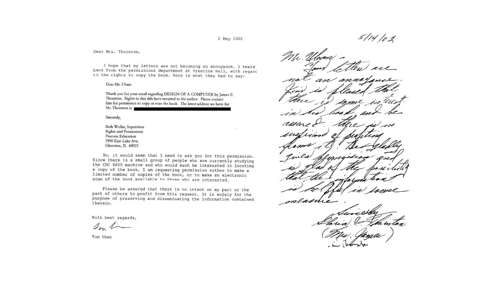 Letter of permission to copy "Design of a Computer"