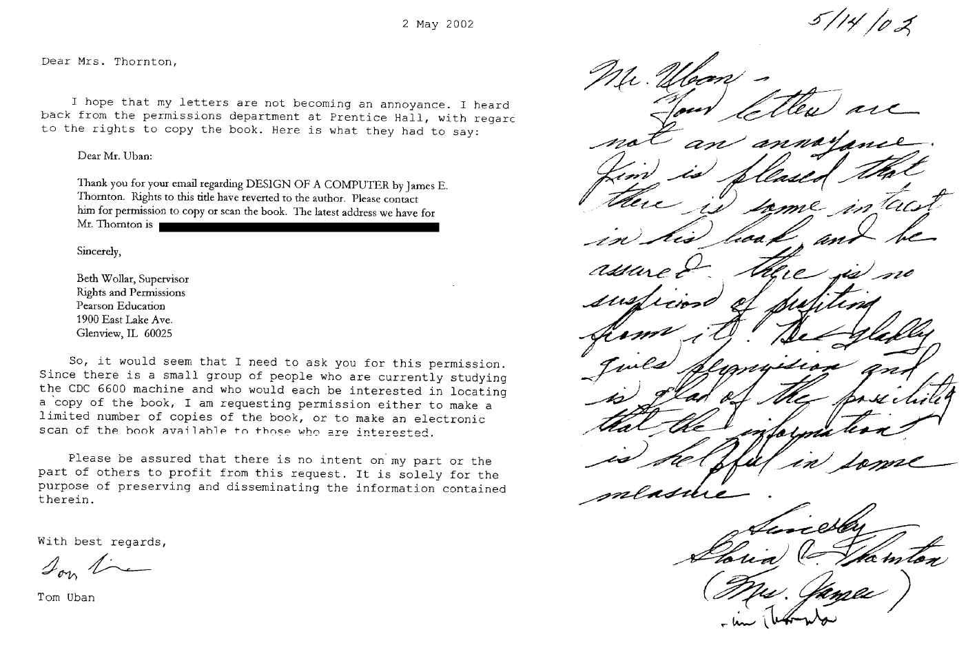 Letter of permission to copy "Design of a Computer"