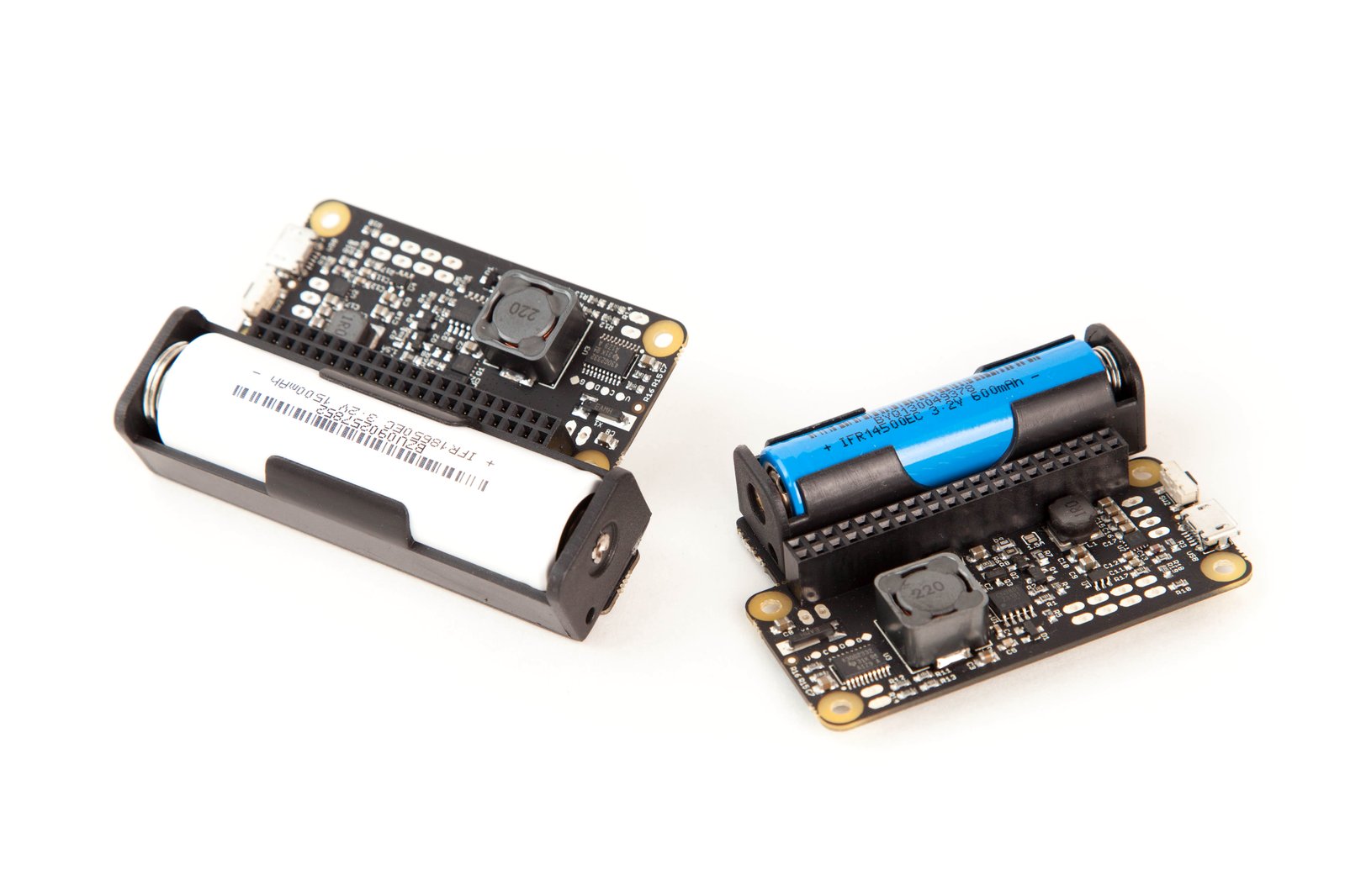 The LiFePO4wered/Pi+ comes in two variants: one for a 18650 battery size (left) and one for a 14500 battery size (right).
