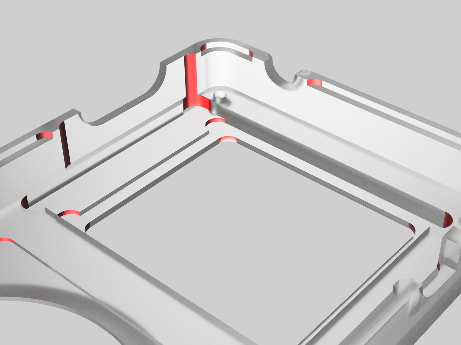 A top down view of the front shell showing the features highlighted in red