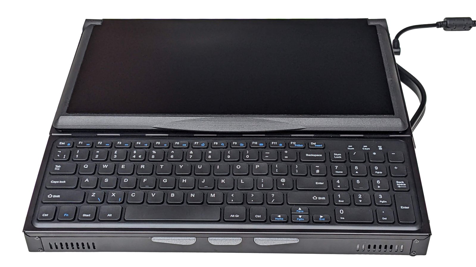 Front on photo of the Canute Scientific when closed. Three light grey thumb buttons situated in front of the full sized keyboard, with speaker grills to either side and screws for replacing or modifying the whole front panel.