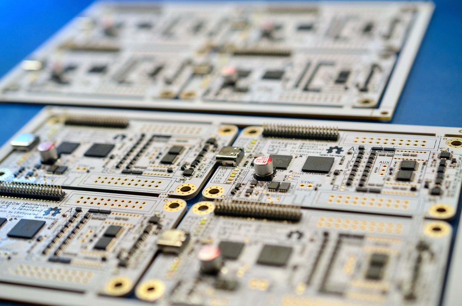 Front side of the Glasgow board panel after going through the reflow oven.