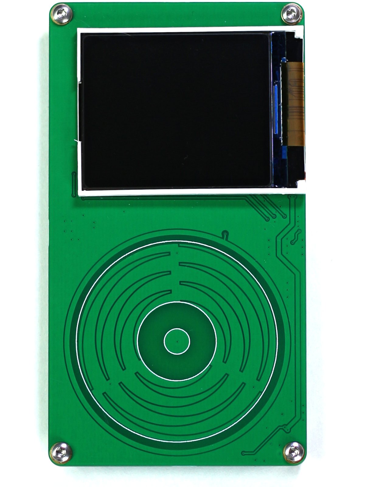 A rectangular, portrait-orientation PCB; it has a rectangular TFT display attached, four corner screws in position, and zig-zagged circular copper patterns for the capacitive touchwheel sensor.