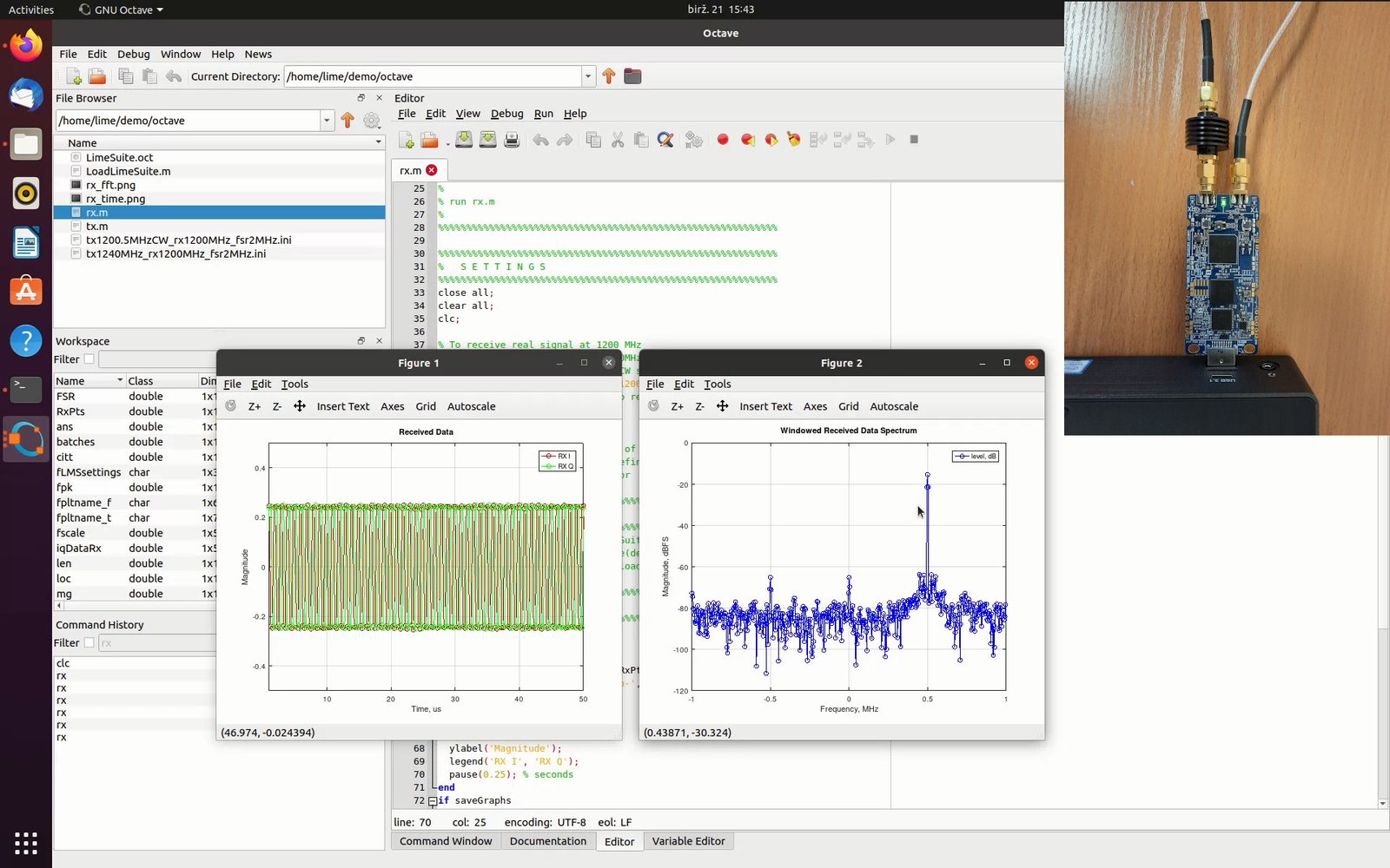 Screenshot showing GNU Octave and LimeSDR Mini 2.0
