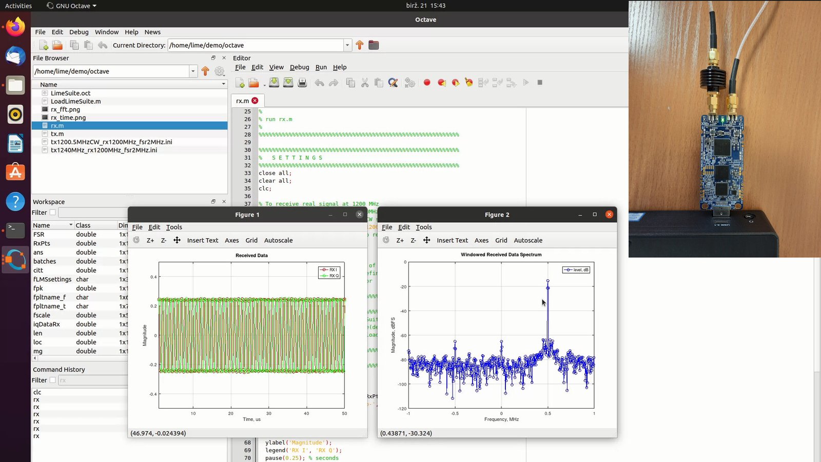 Screenshot showing GNU Octave and LimeSDR Mini 2.0