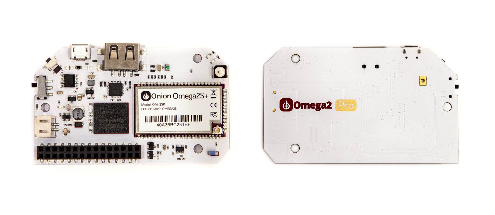 Onion Omega2 Pro top (left) and bottom (right)