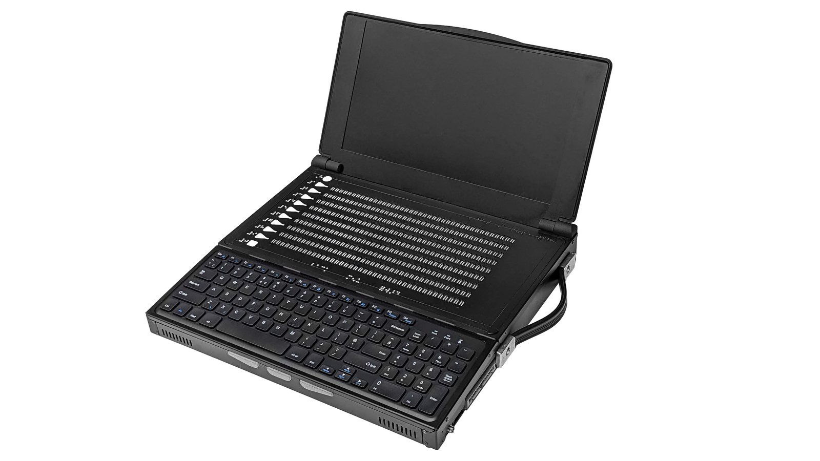 Three quarters view of the Canute Scientific  open. A full keyboard in the front with a 360 cell Braille cell behind. There is an open lid at the back with a 13" LCD. There is a heavy duty handle on the right side. Device is black with white details
