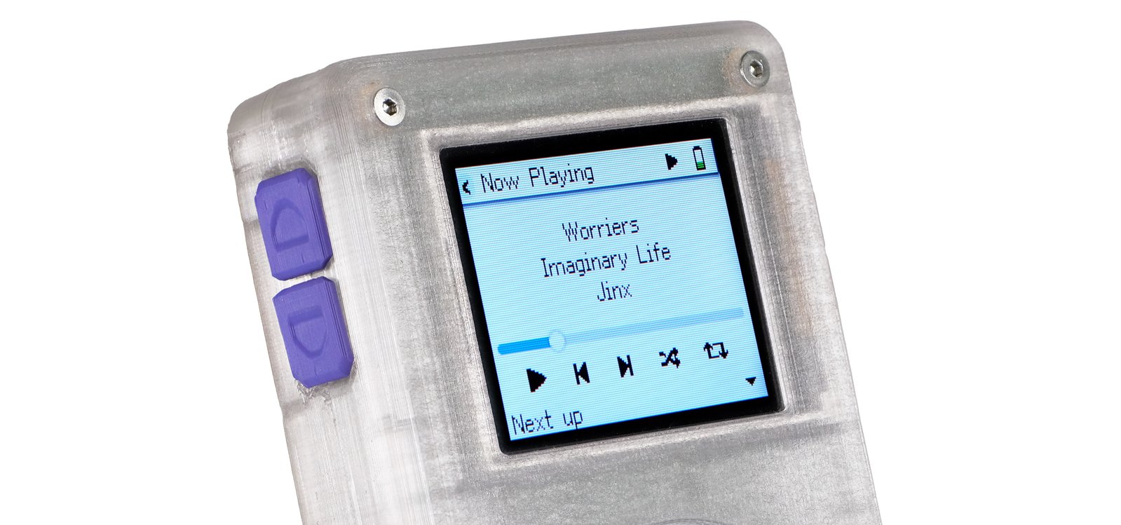 A cropped close-up of a Tangara, showing the screen, side buttons, housed in a 3D-printed translucent case. The screen shows the 'Now Playing' screen; track, artist, album, position and controls are visible.