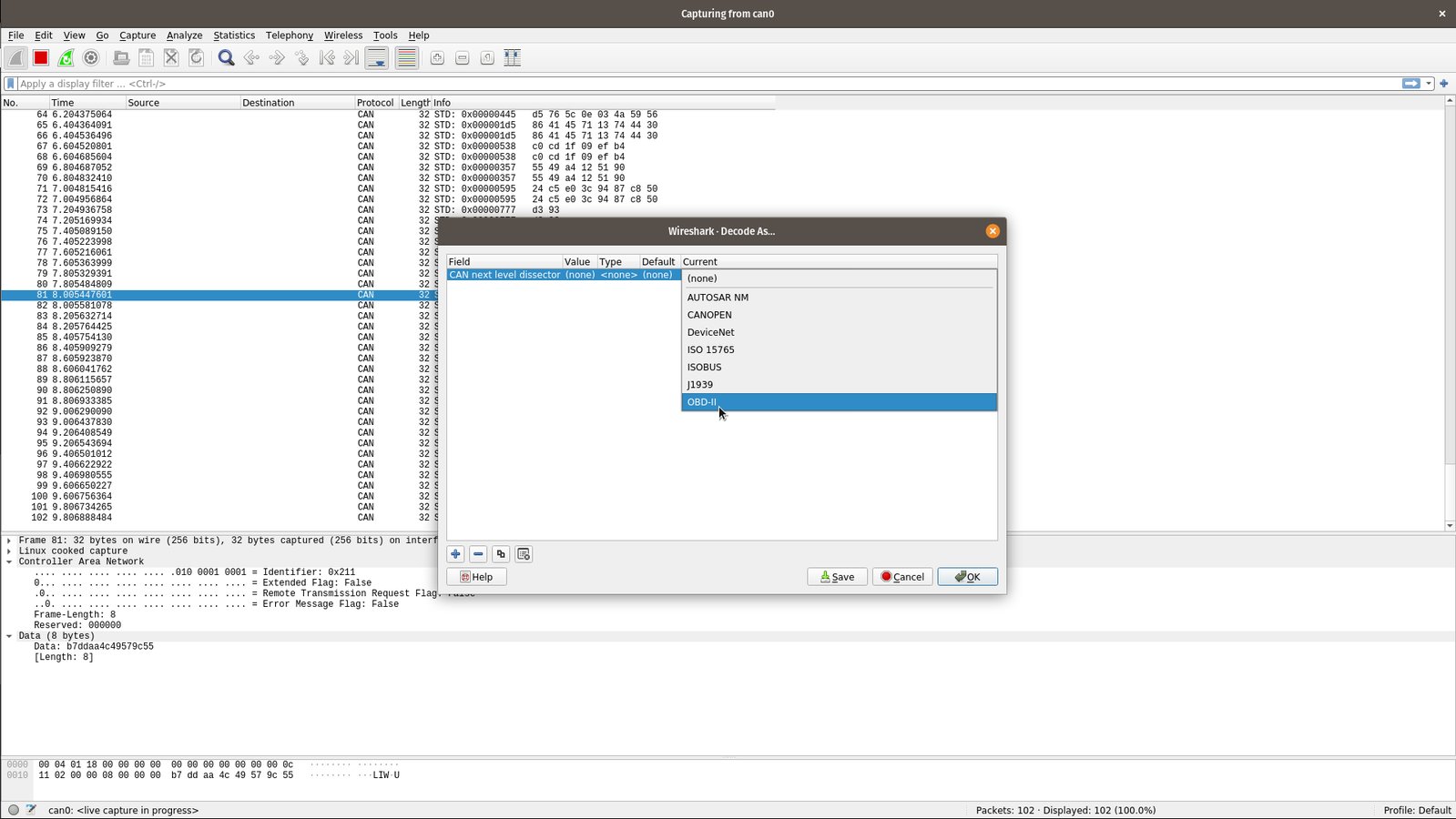 Capturing CAN frames in Wireshark