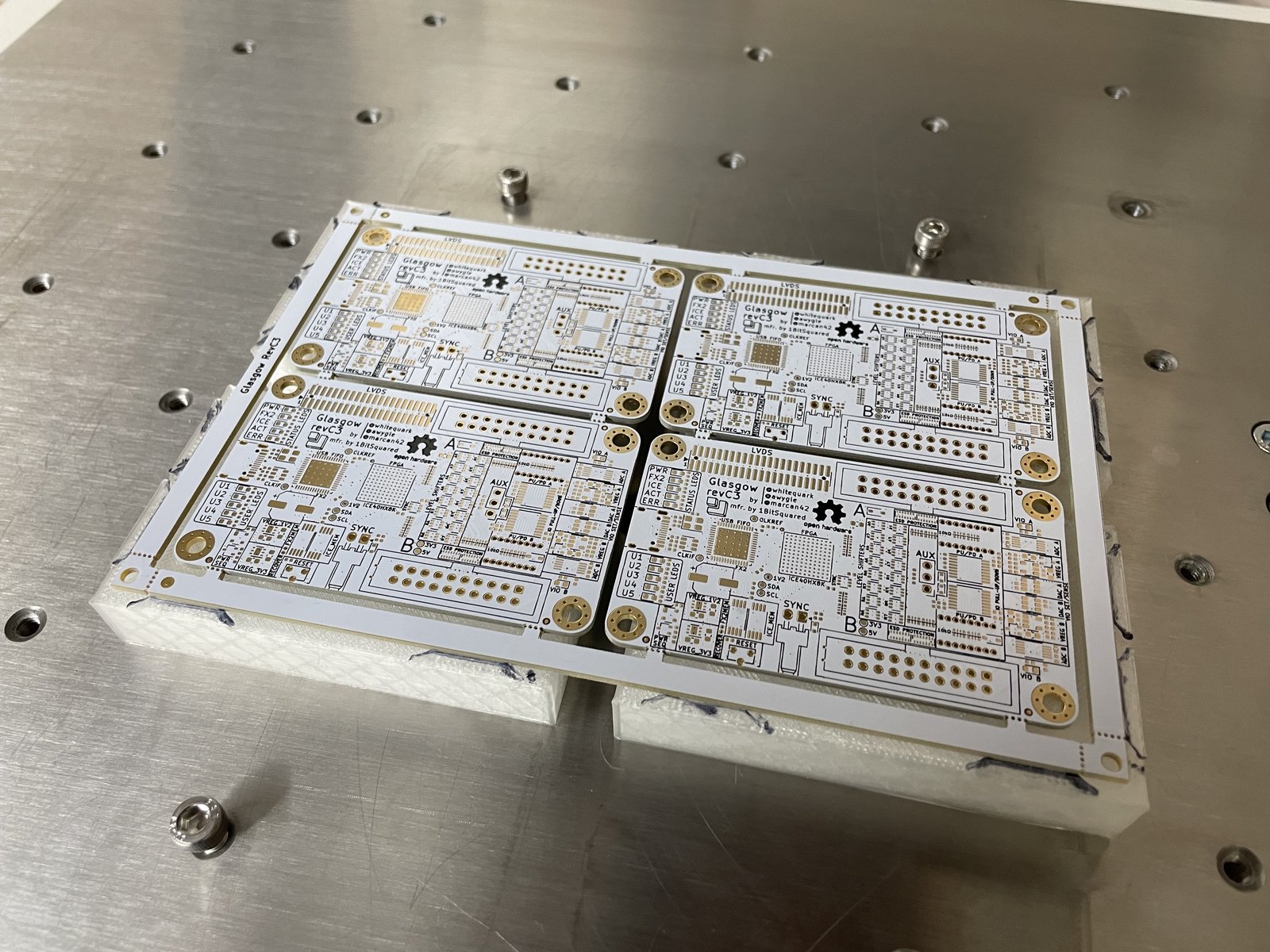 Glasgow panel 3D Printed Jig on the Stencil Printer Table