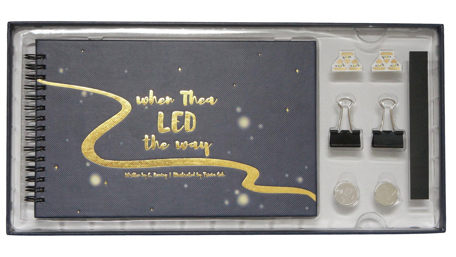 Kit includes craftbook, LED stickers, batteries, conductive sheet, battery clips, and copper tape.