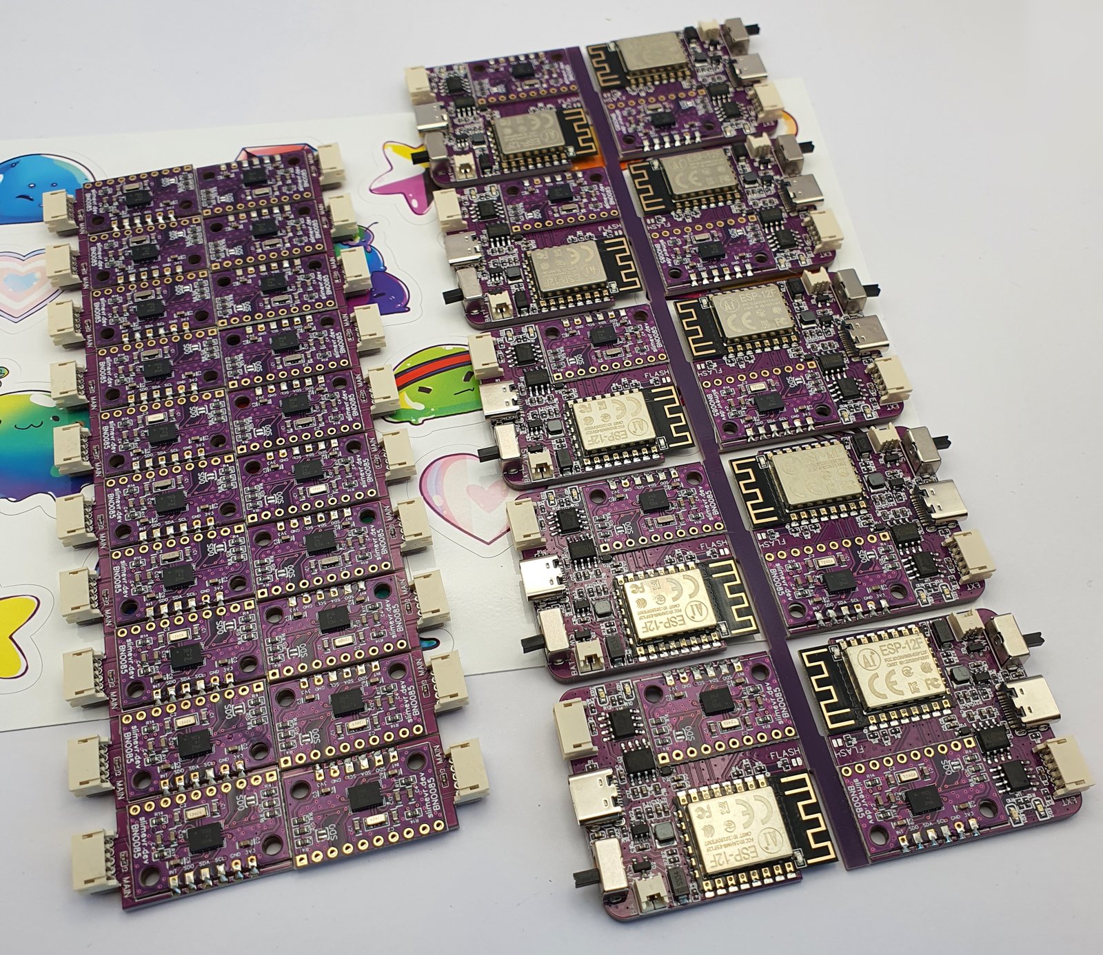 Panels of SlimeVR Main and Extension boards after we solder BNO085 modules to them