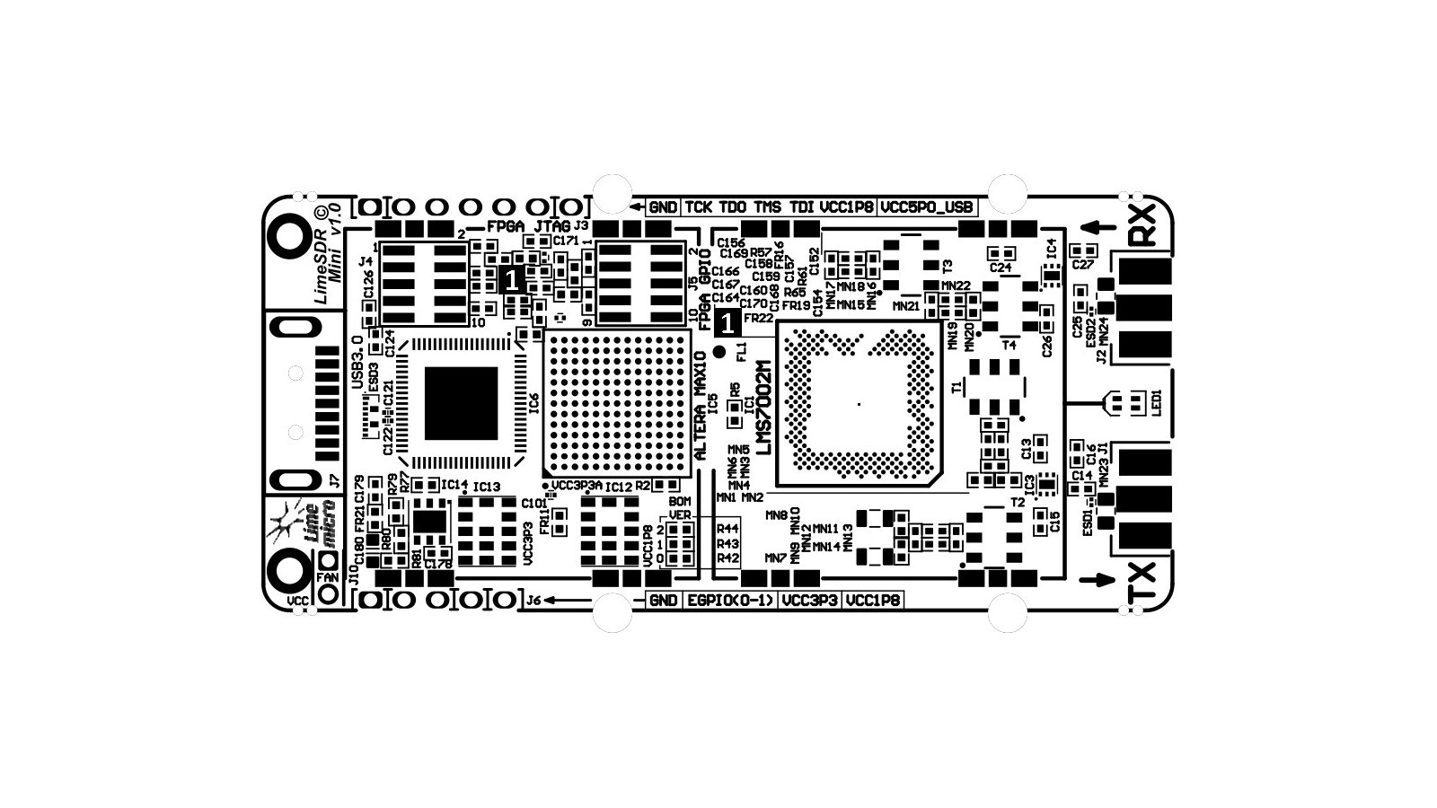 LimeSDR Mini 1v0 PCB drawing (top)
